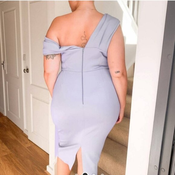 ASOS DESIGN Lavender Off-Shoulder Midi Dress with Draped Detail, Size 12 - Picture 3 of 5